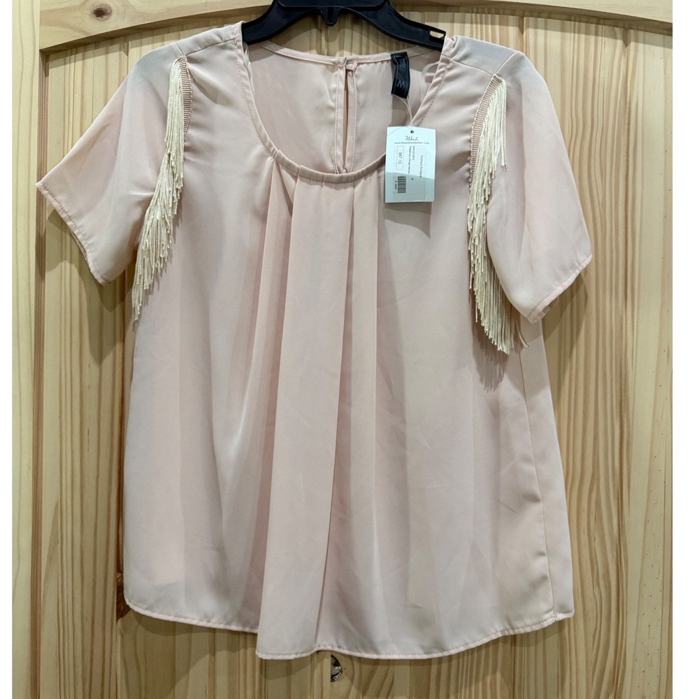 Wish Pink Pleated Fringe Sleeve Top WT2576 Medium NWT